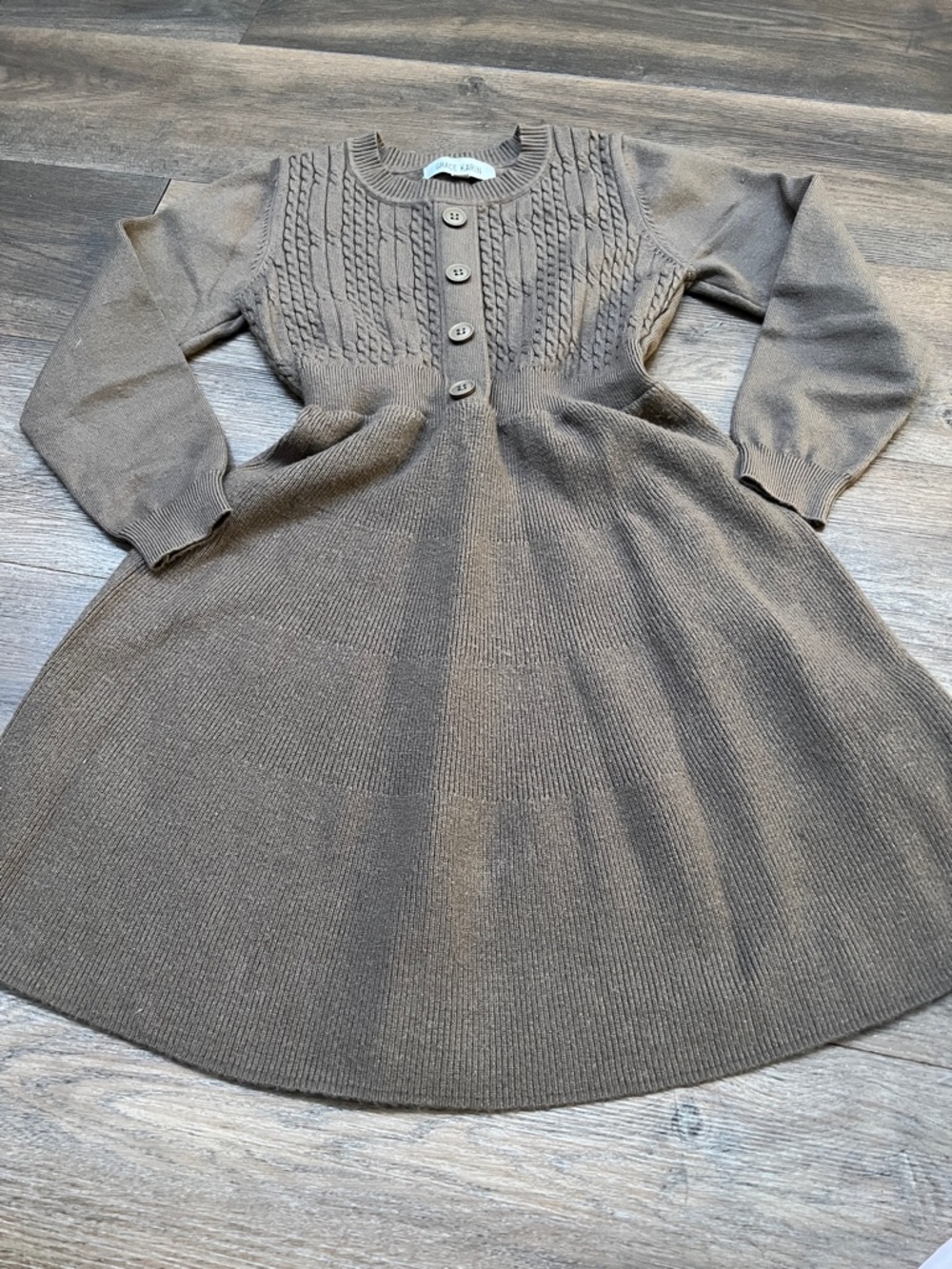 Grace Karin Brown Cable-Knit Button Front Girls Dress